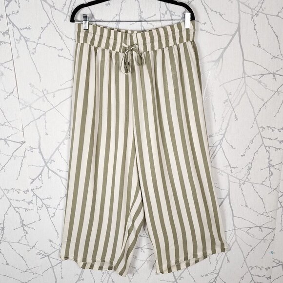 Tamsy Green Stripe High Rise Drawstring Wide Leg Palazzo Pants - Picture 2 of 6